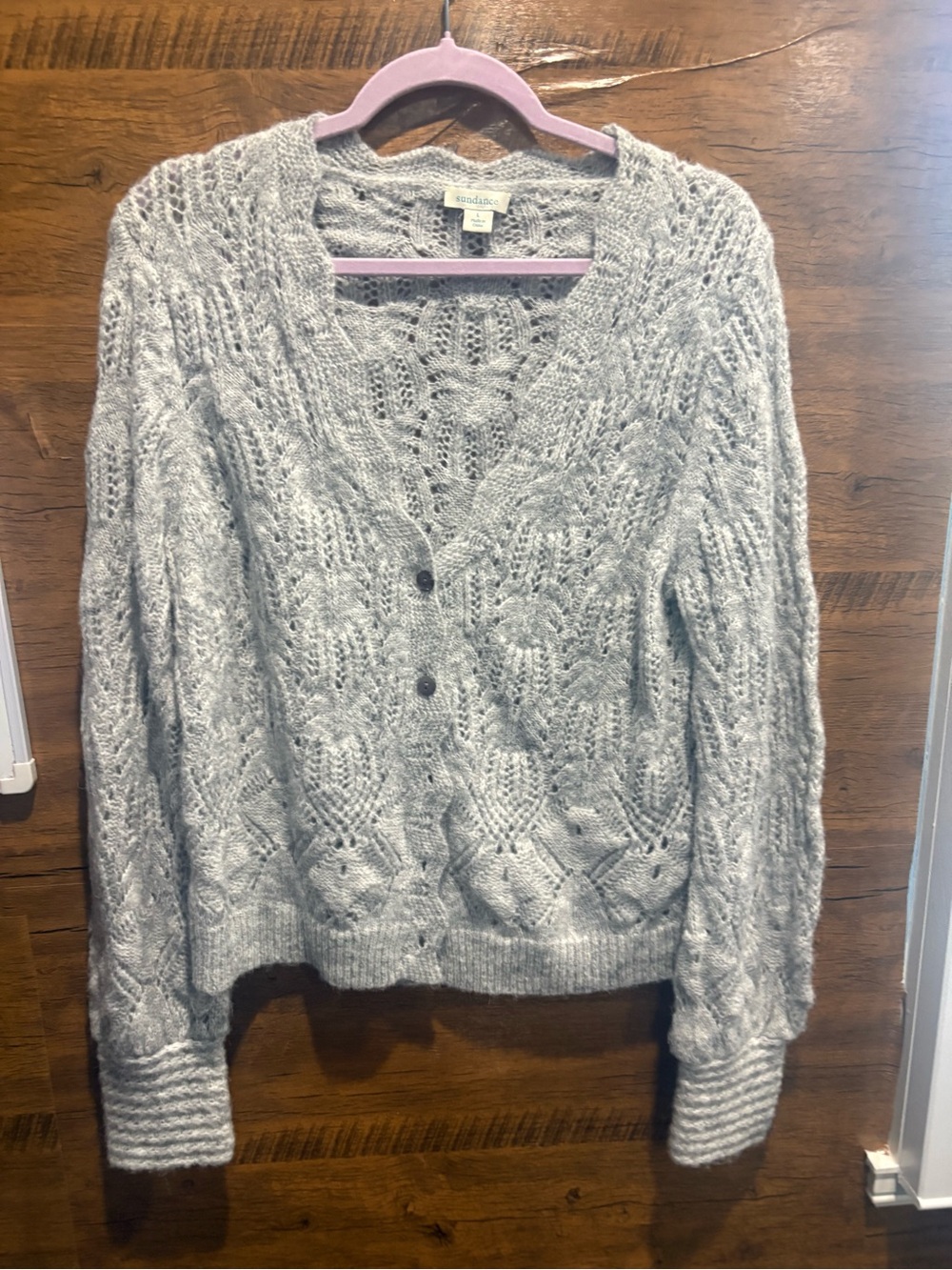 Sundance Scallop V-Neck Light Gray Cable Cardigan - Picture 2 of 9